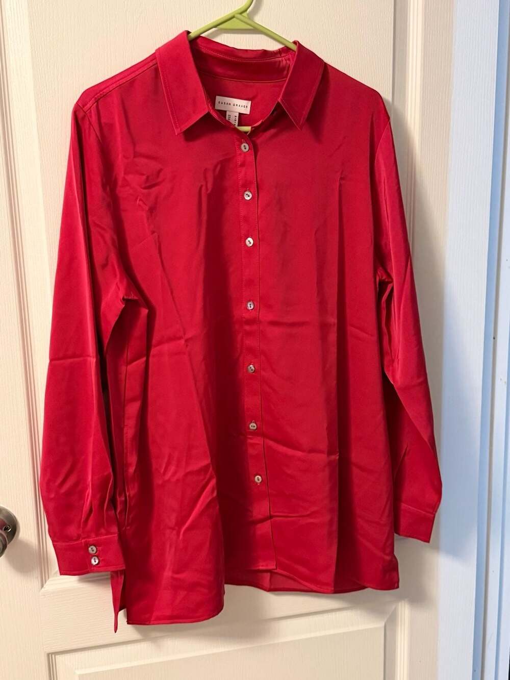 Susan Graver Red Satin Button Front Tunic Top Size US M